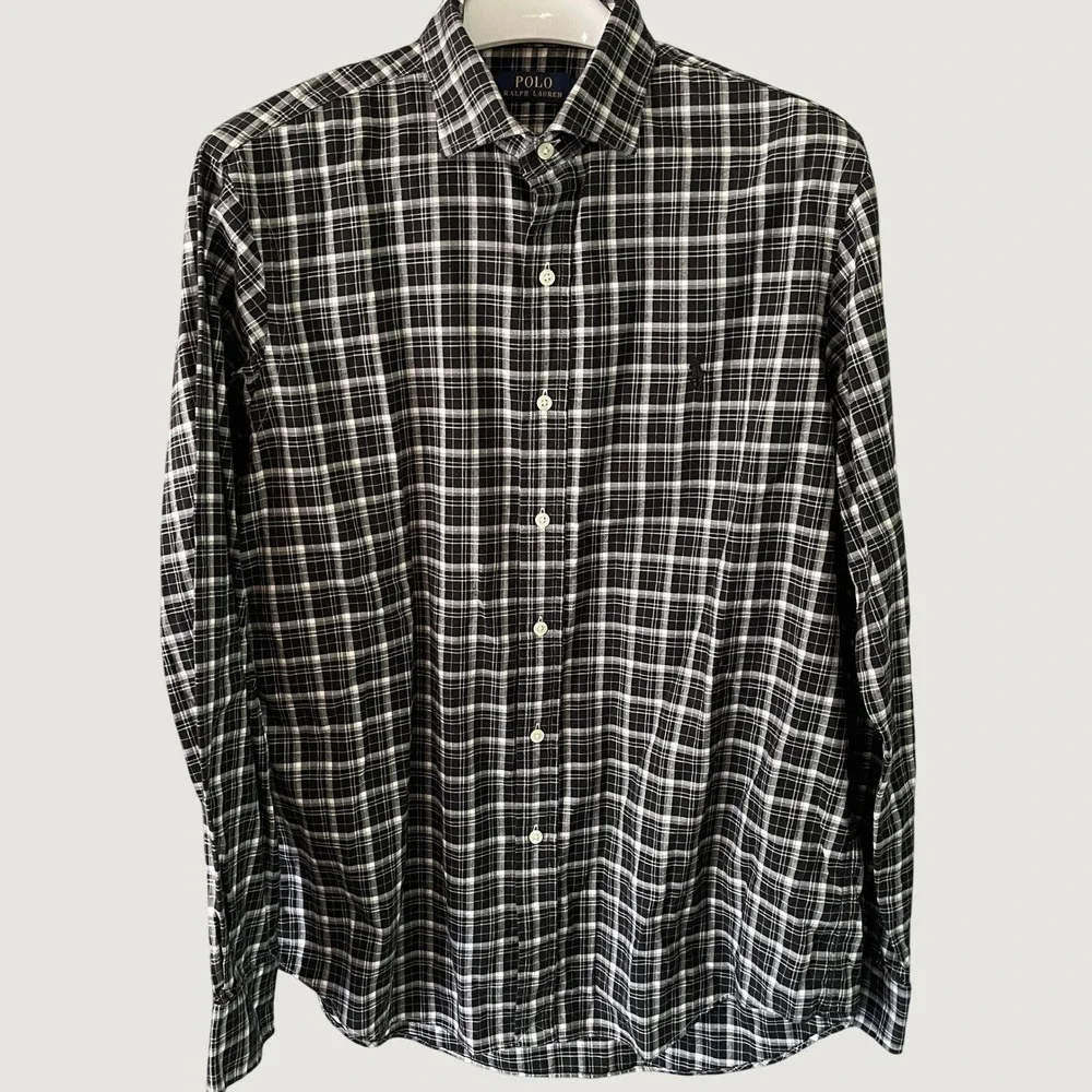 Polo Ralph Lauren Mens Black White Plaid Long Sleeve Button Down Shirt Size L